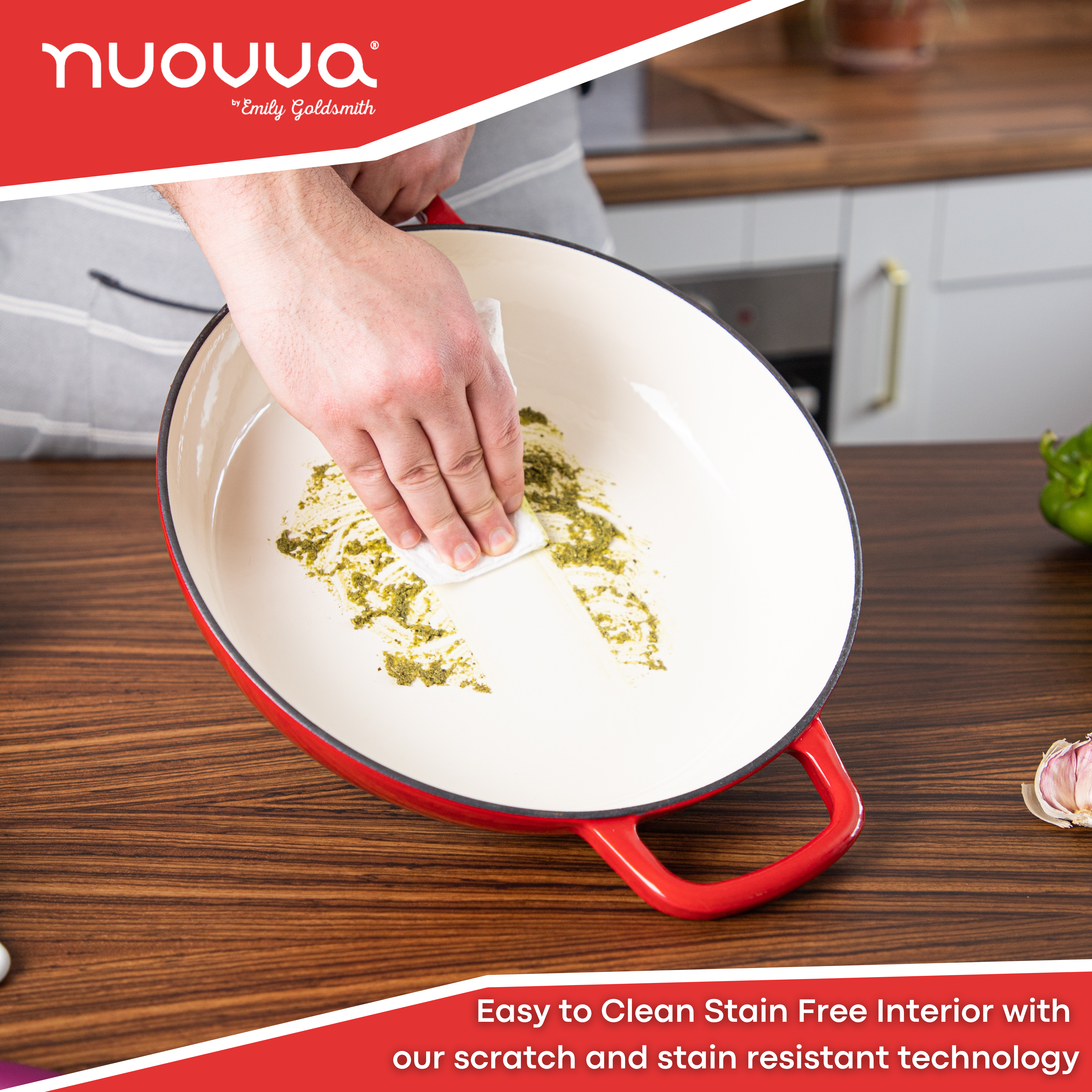 Red Shallow Cast Iron Dutch Oven Casserole Pot - 3.9L - 30cm by Nuovva