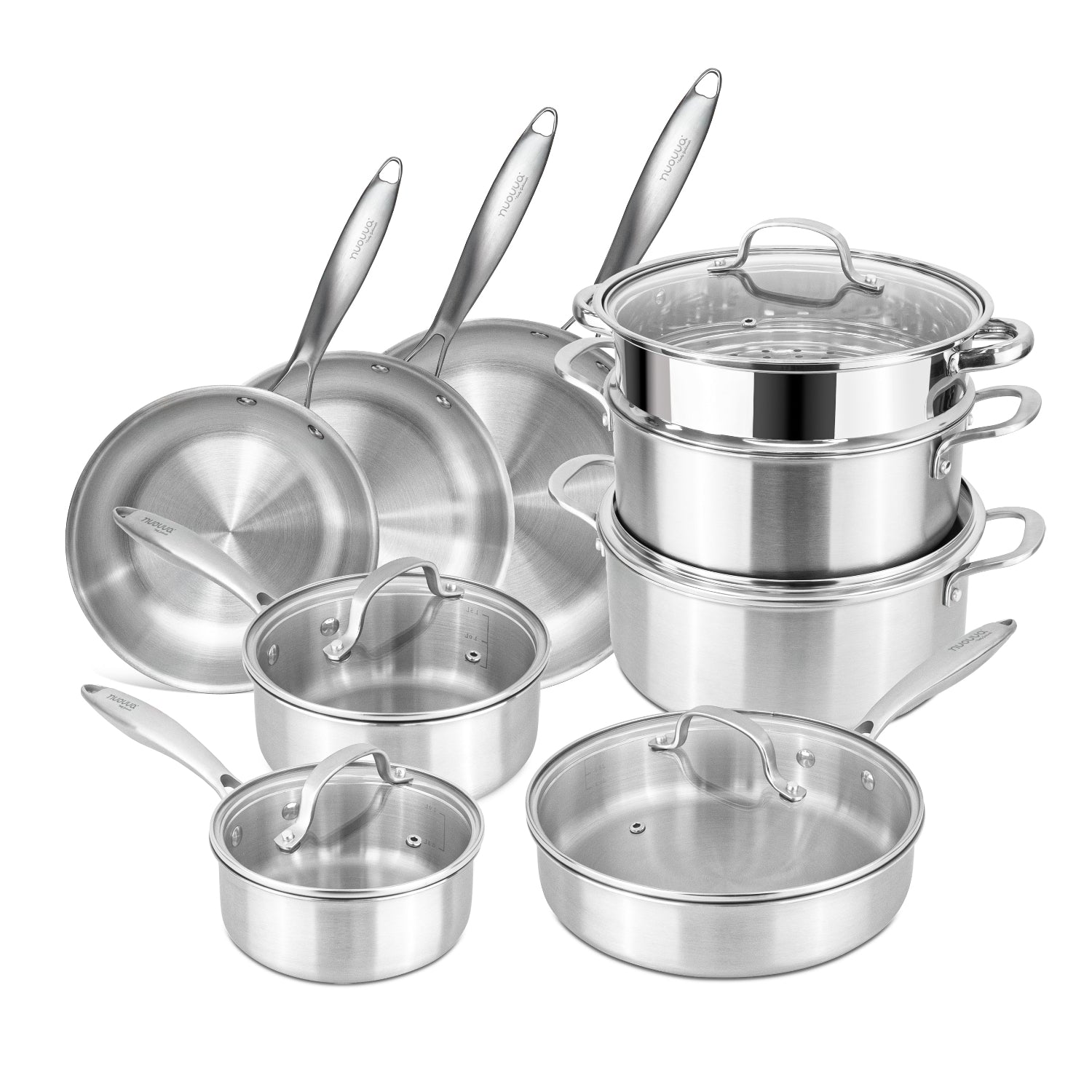 14Pcs Stainless Steel Cookware Set with Glass Lids – Induction Compatible – By Nuovva