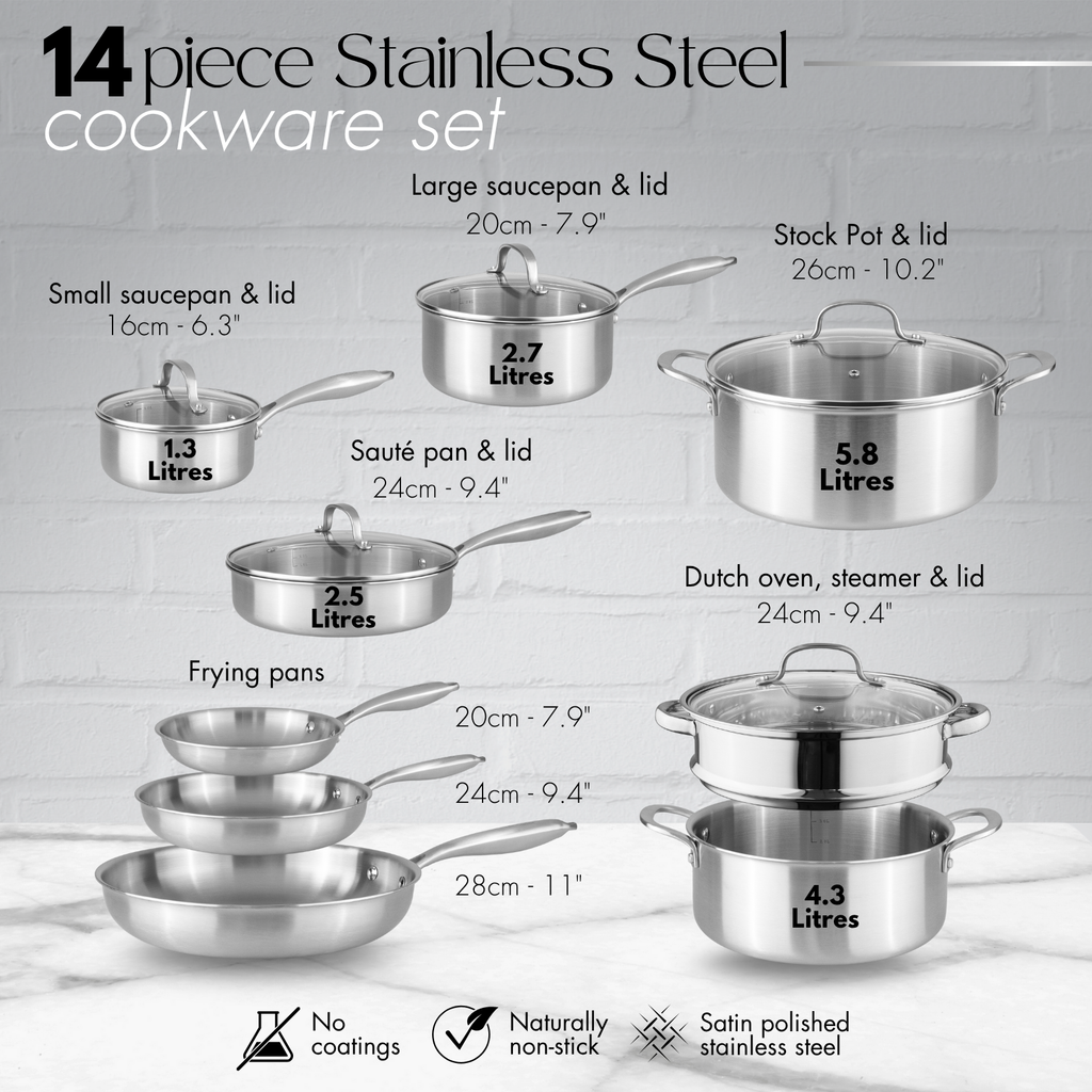 14Pcs Stainless Steel Cookware Set with Glass Lids – Induction Compatible – By Nuovva