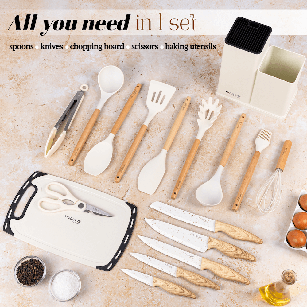 17pcs Cream Kitchen Utensil & Knife Set with Block & Chopping Board, By Nuovva