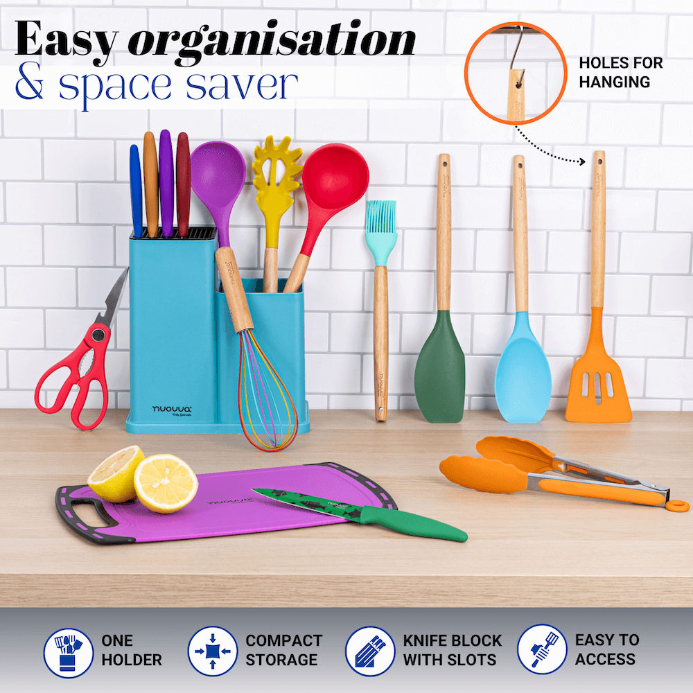 17pcs Colourful Kitchen Utensil & Knife Set with Block & Chopping Board, By Nuovva