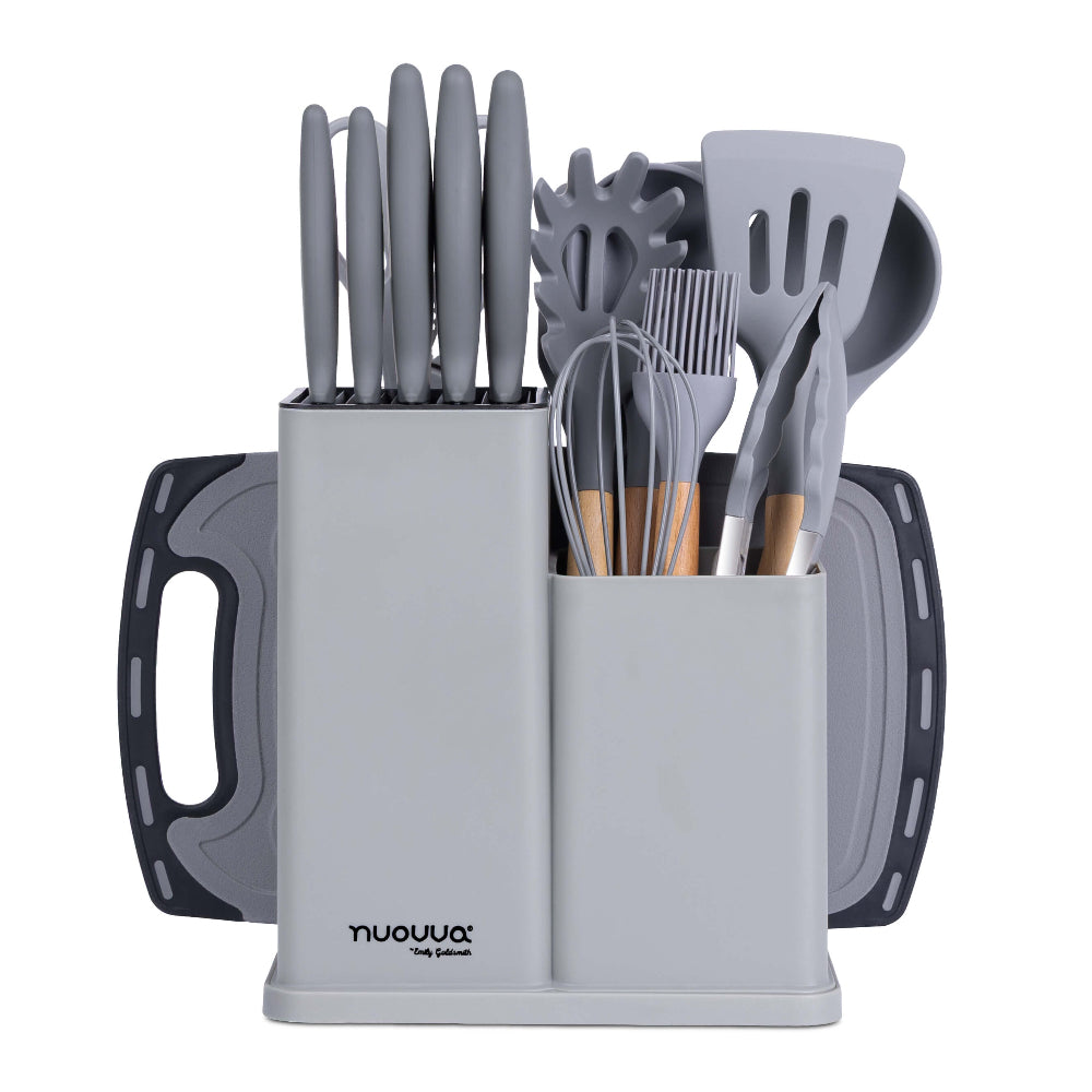 17pcs Grey Kitchen Utensil & Knife Set with Block & Chopping Board, By Nuovva