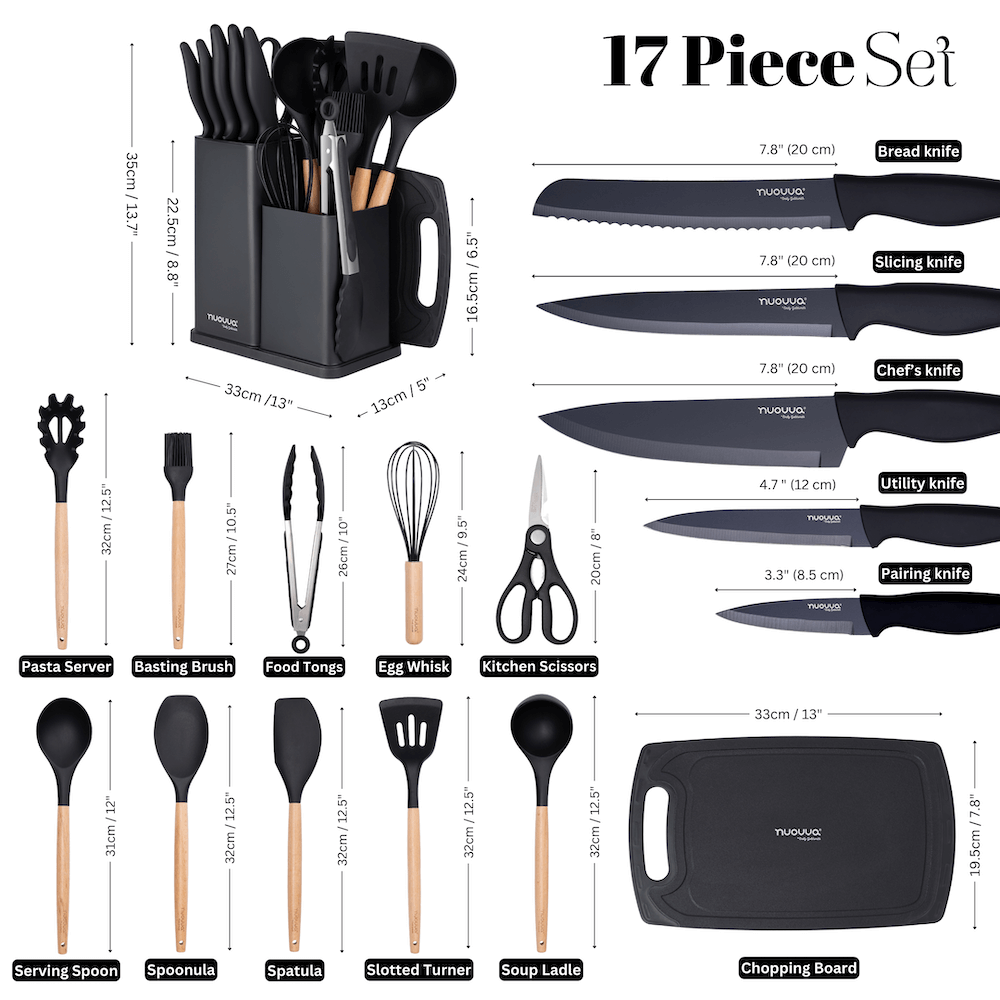 17pcs Kitchen Utensil & Knife Set with Block & Chopping Board (Multiple Colours) - By Nuovva
