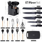 17pcs Black Kitchen Utensil & Knife Set with Block & Chopping Board, By Nuovva