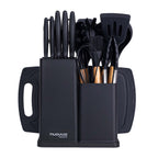 17pcs Black Kitchen Utensil & Knife Set with Block & Chopping Board, By Nuovva