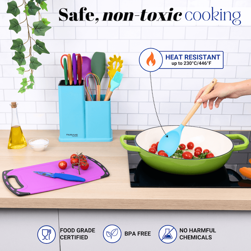 17pcs Colourful Kitchen Utensil & Knife Set with Block & Chopping Board, By Nuovva