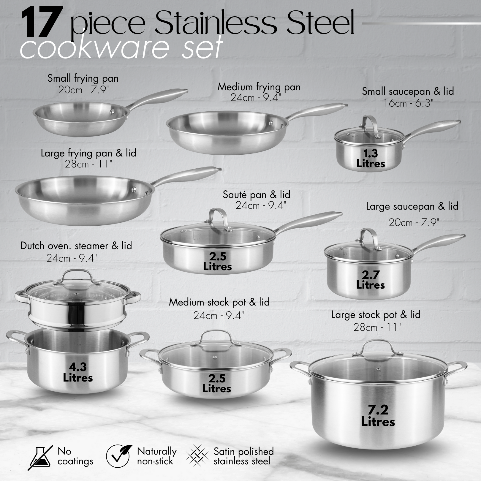 17pcs Stainless Steel Pots and Pans Cookware Set, by Nuovva