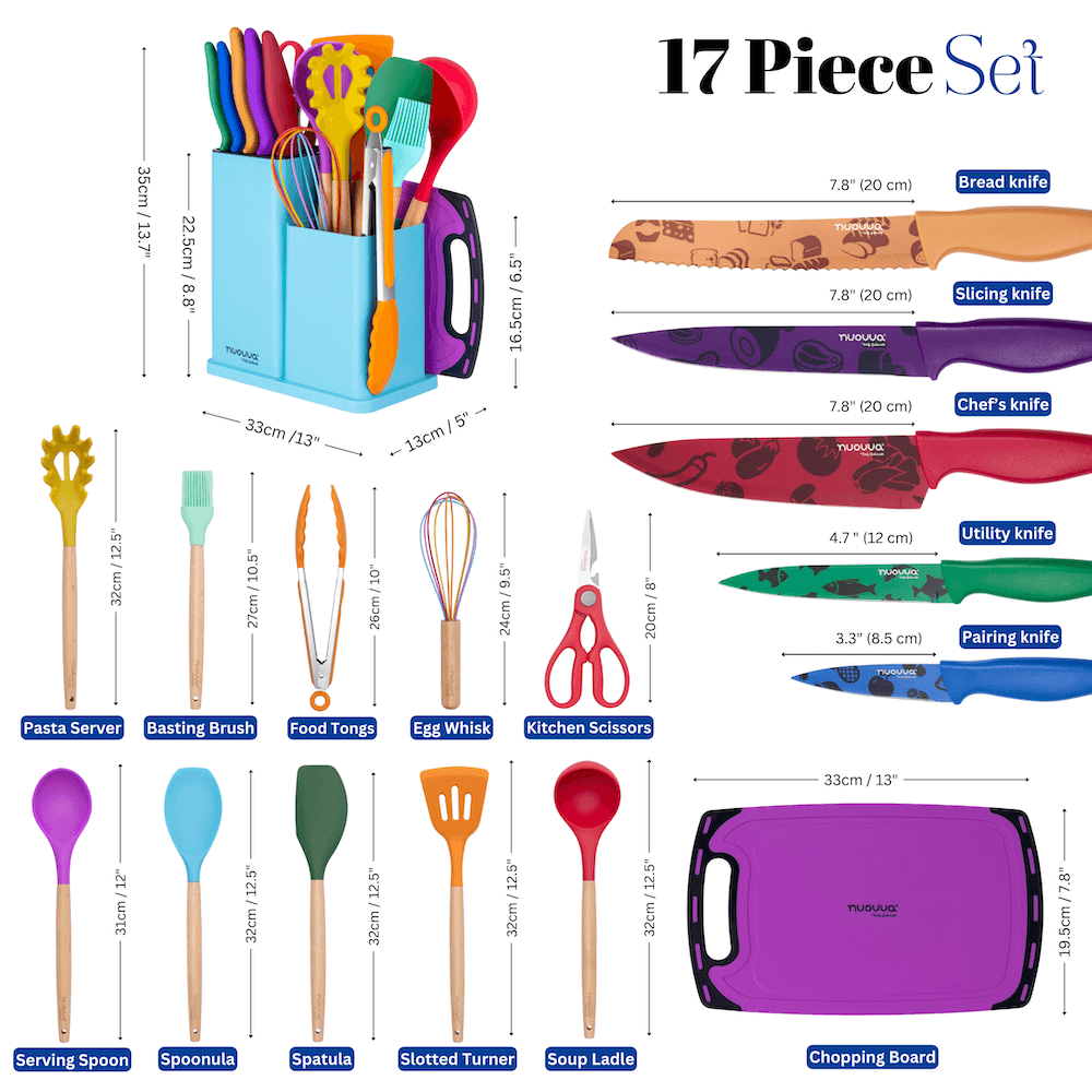 17pcs Kitchen Utensil & Knife Set with Block & Chopping Board (Multiple Colours) - By Nuovva