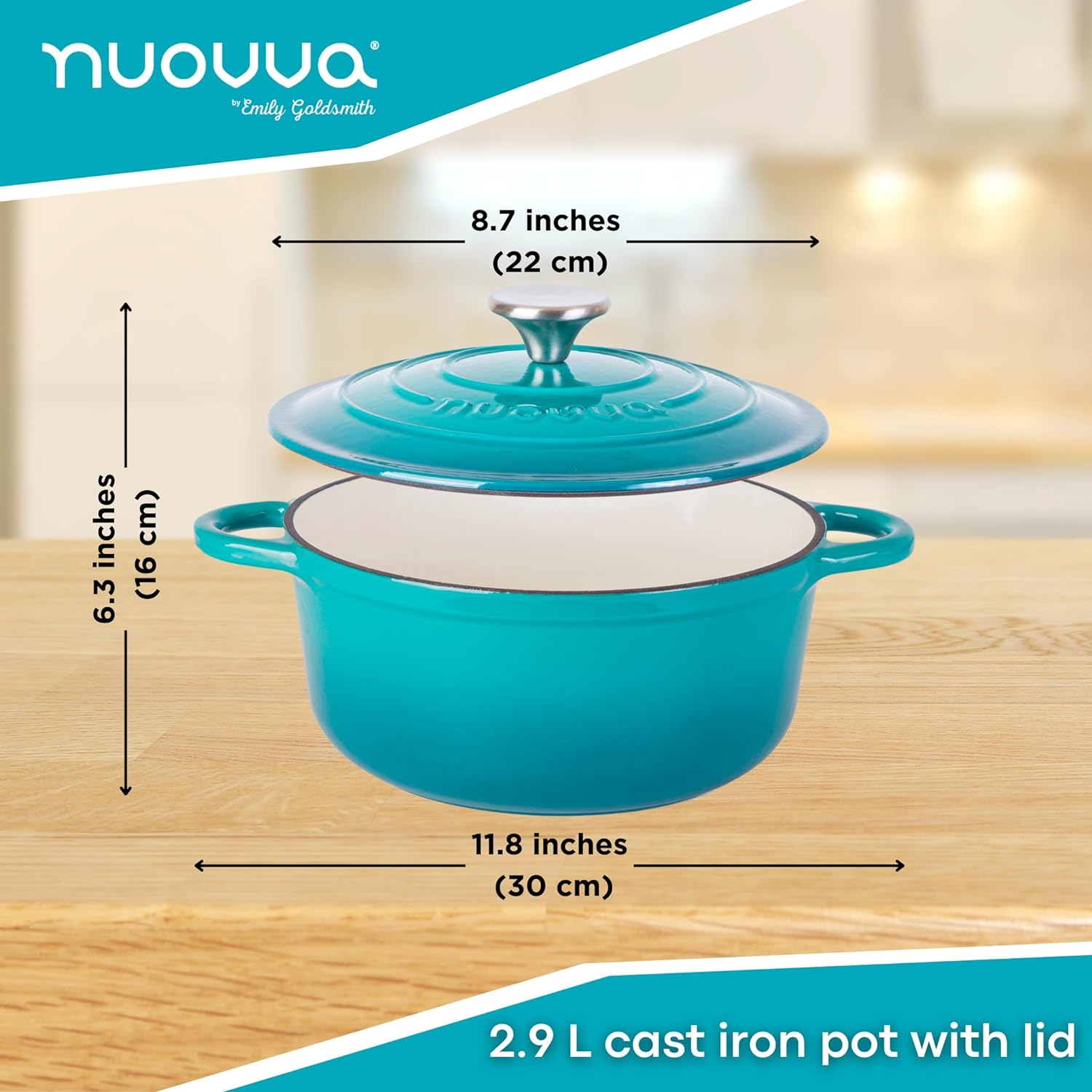 Teal Cast Iron Dutch Oven Casserole Pot - 22cm - 2.9L