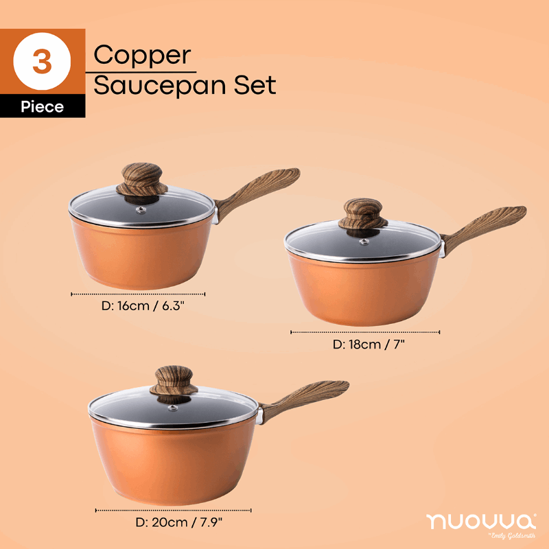 Non-Stick Saucepan with Lid - 3 Pieces, 16cm, 18cm, 20cm ( Multiple Colours) by Nuovva