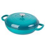 Teal Shallow Cast Iron Casserole Dish with Lid - 32cm - 3.5L, by Nuovva