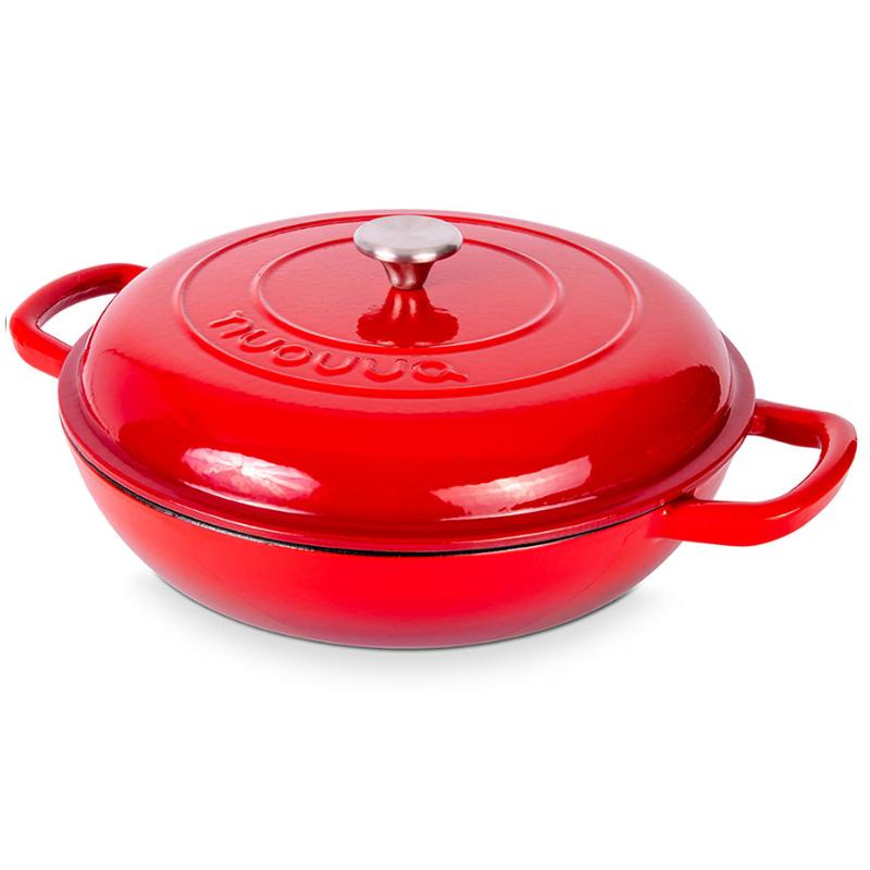 Red Shallow Cast Iron Casserole Dish with Lid - 32cm - 3.5L, by Nuovva