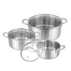 6Pcs Stainless Steel Casserole Set – 3 Pots with Glass Lids – (20cm 2.7L, 24cm 4.3L & 28cm 7.2L) – By Nuovva
