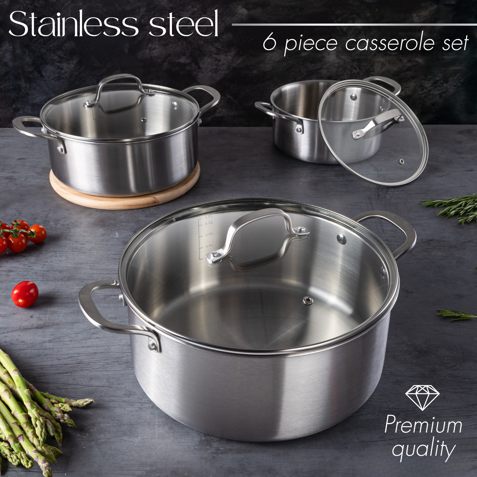 6Pcs Stainless Steel Casserole Set – 3 Pots with Glass Lids – (20cm 2.7L, 24cm 4.3L & 28cm 7.2L) – By Nuovva
