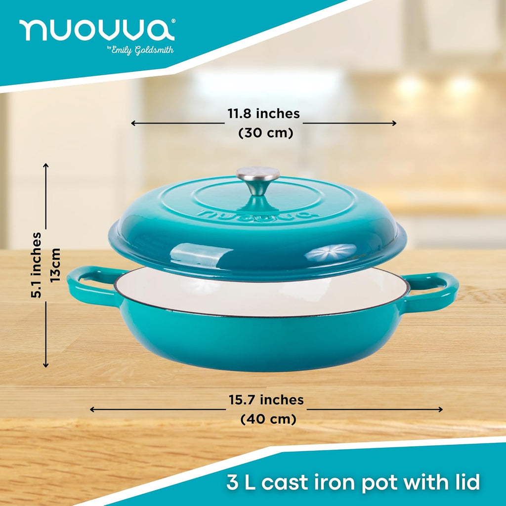 Teal Shallow Cast Iron Dutch Oven Casserole Pot - 3.9L - 30cm by Nuovva