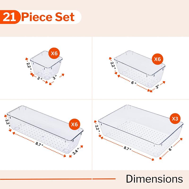 Clear Drawer Organiser Set (Multiple Quantities)  12, 16, 21 & 25 pcs, by Stackzy