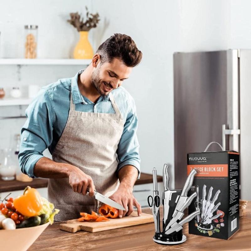 Stainless Steel Kitchen Knife Set with Rotating Block 7-Piece Set, by Nuovva