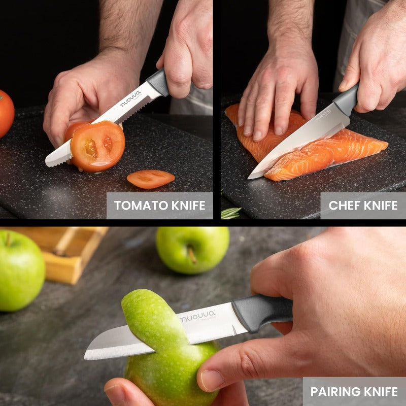Grey Kitchen Knife Set, Stainless Steel Non-Stick Blades - 3 pieces, by Nuovva