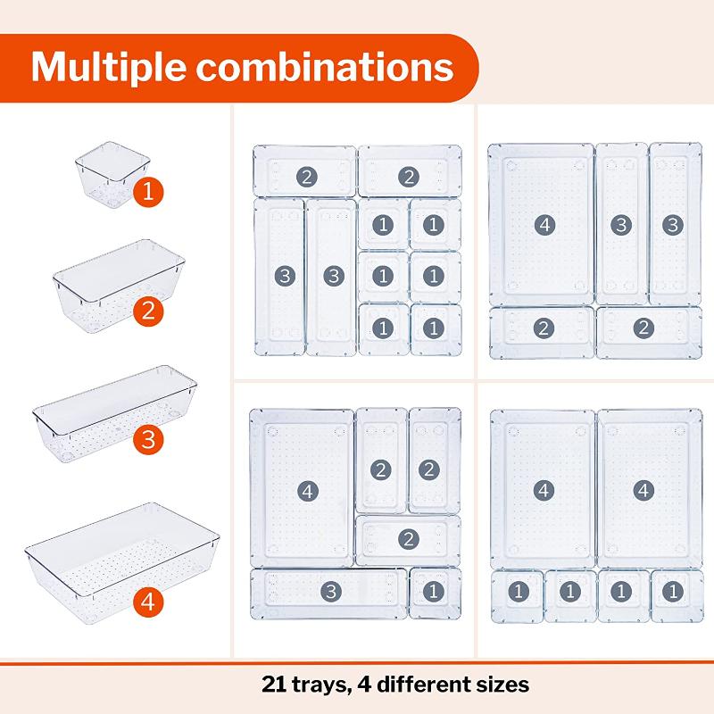 Clear Drawer Organiser Set (Multiple Quantities)  12, 16, 21 & 25 pcs, by Stackzy