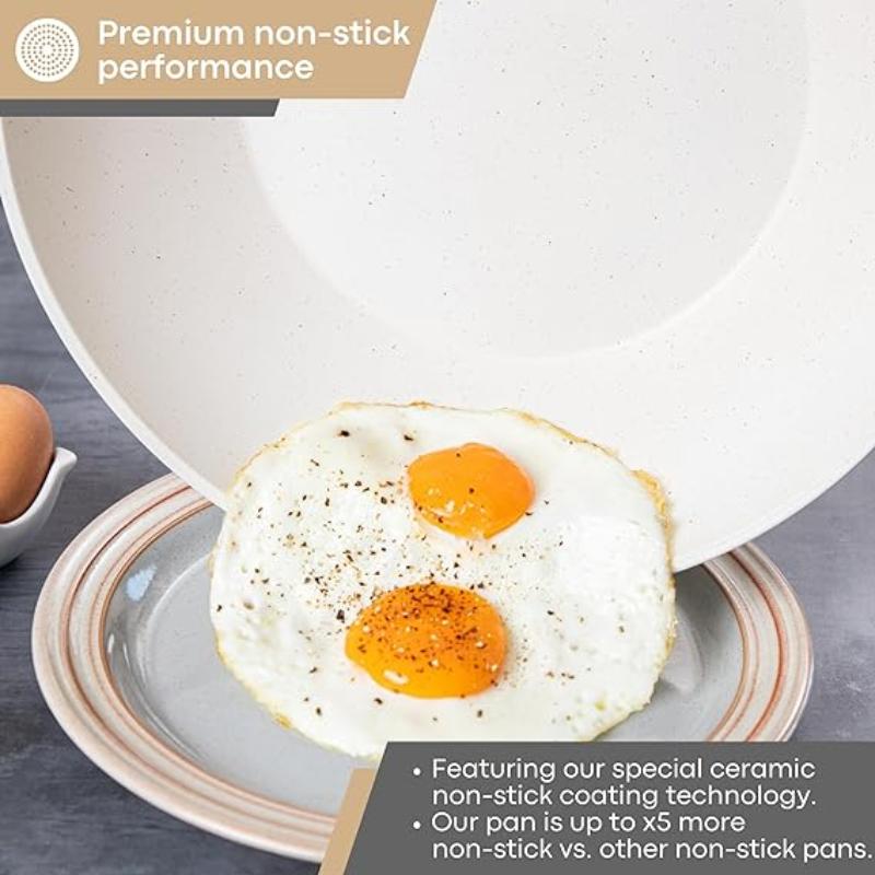 Cream Induction Non-Stick Wok Pan – Deep Stir Fry Pan With Lid - 28cm