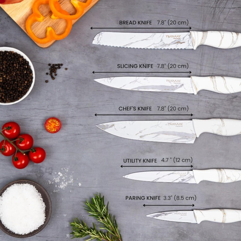Calcutta White Granite Non-Stick Kitchen Knife Set 5pcs, by Nuovva