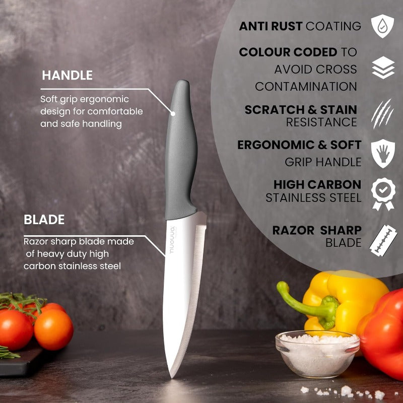 Grey Kitchen Knife Set, Stainless Steel Non-Stick Blades - 3 pieces, by Nuovva