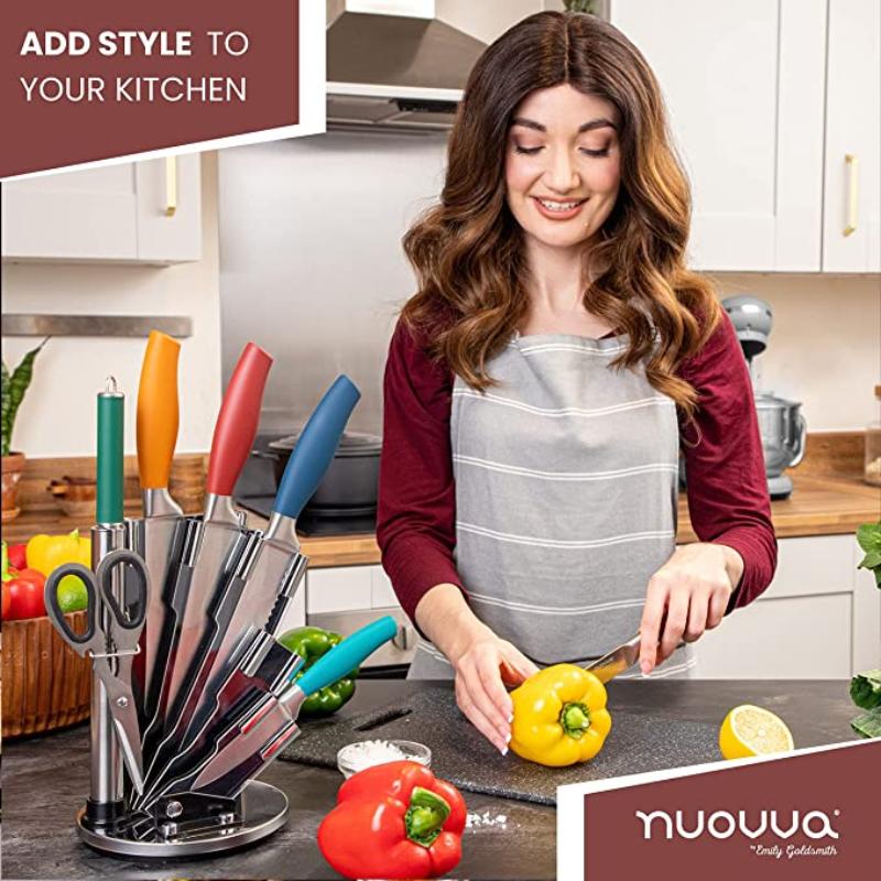 MultiColour Kitchen Knife Set with Rotating Block 7-Piece Set, by Nuovva