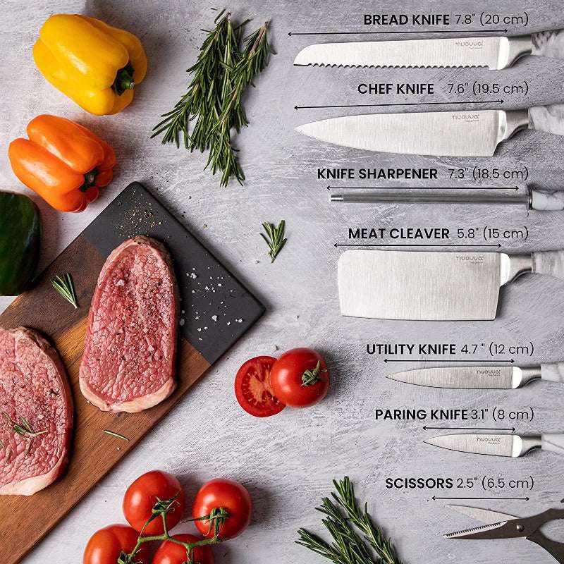 Calcutta Marble Design Kitchen Knife Set with Rotating Block - 7-Piece Set, by Nuovva