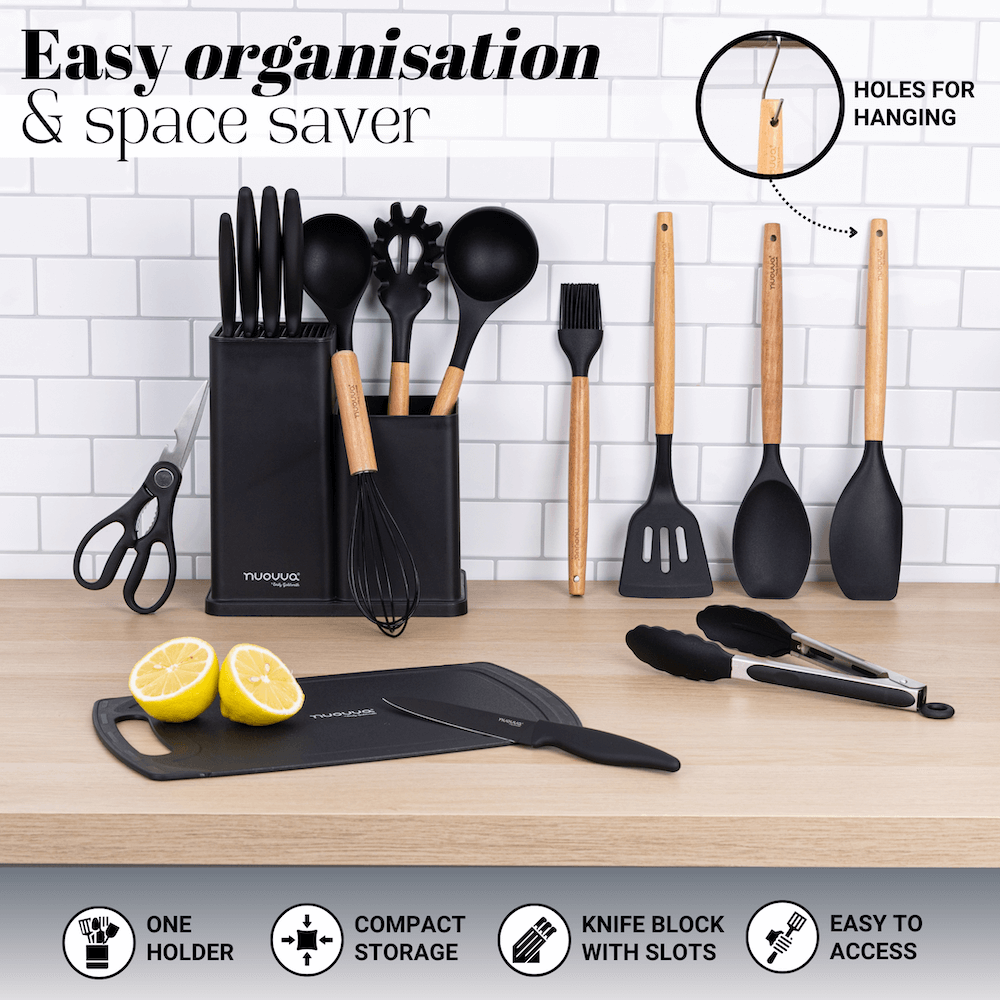 17pcs Kitchen Utensil & Knife Set with Block & Chopping Board (Multiple Colours) - By Nuovva