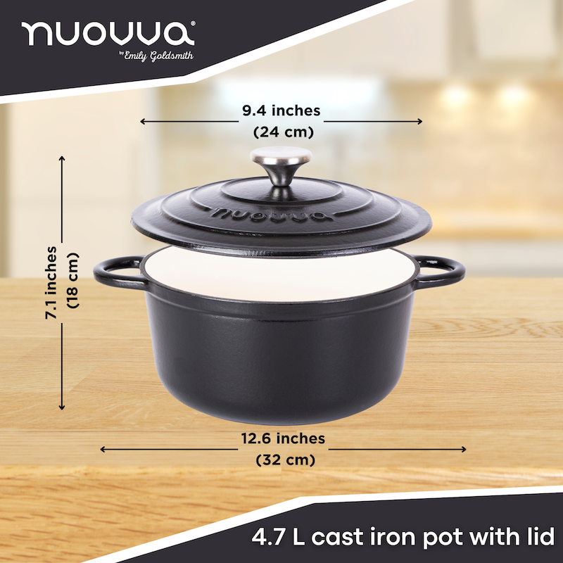 Black Cast Iron Dutch Oven with Lid, Casserole Pot - 24cm - 4.7L