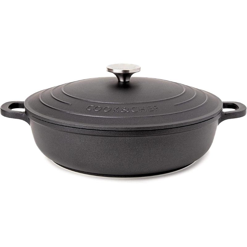 Black Aluminium Shallow Casserole Pan with Lid - 28cm - 3.9L, by Nuovva