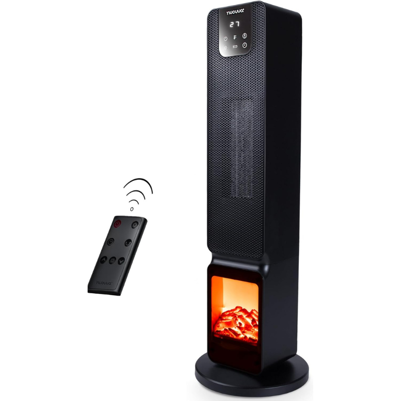 Ceramic Electric Tower Fan Heater with Fireplace Display