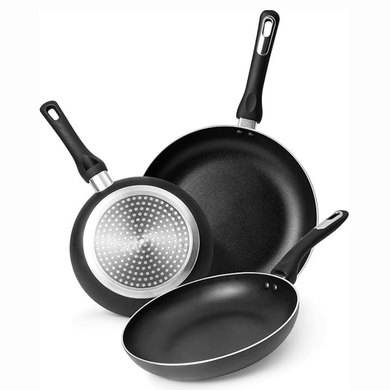 Black Frying Pan Set for Induction, Gas & Electric Hob (3 Piece) by Nuovva