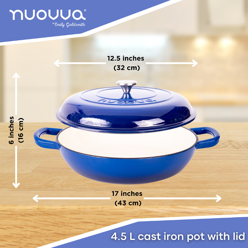 Shallow Cast Iron Casserole Dish with Lid - 32cm - 3.5L (Multiple Colours), by Nuovva