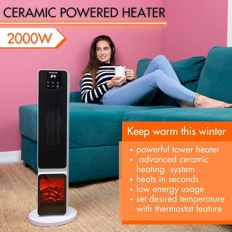 Ceramic Electric Tower Fan Heater with Fireplace Display