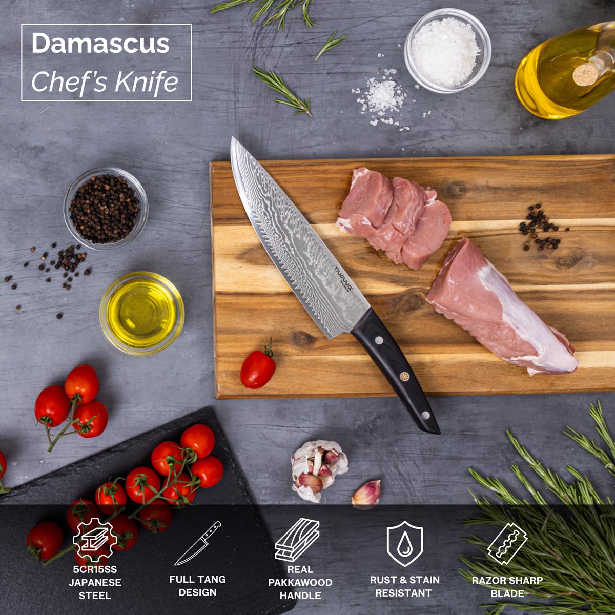 Damascus Chef’s Knife – 67-Layer Steel, Rosewood Handle – 8 inch by Nuovva