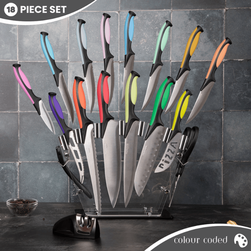 Professional Kitchen Knife Set with Acrylic Block - 17 Pieces (Multiple Colours), by Nuovva
