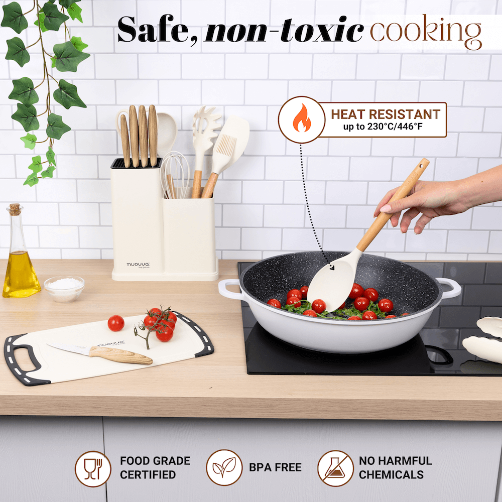 17pcs Cream Kitchen Utensil & Knife Set with Block & Chopping Board, By Nuovva