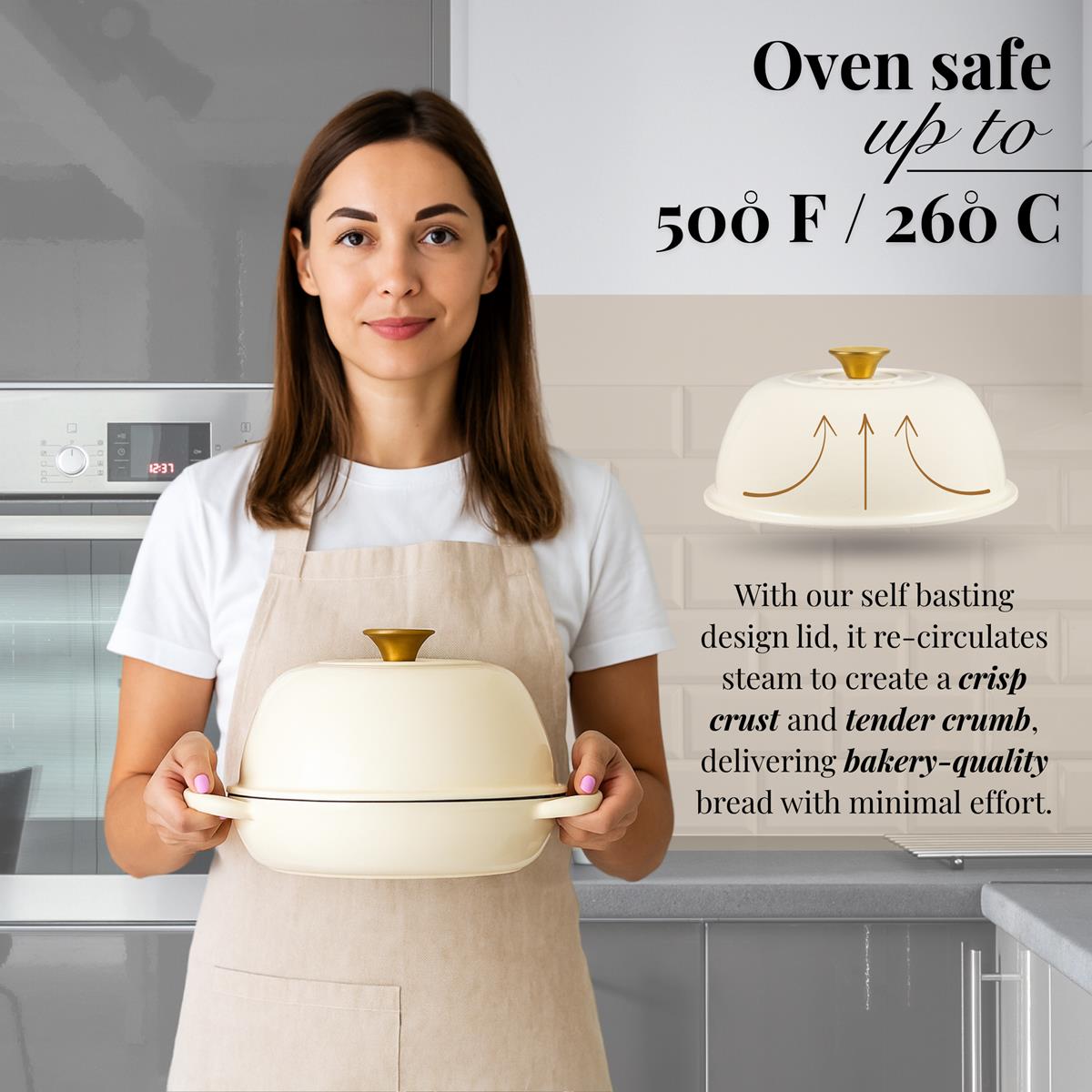 Cream Enamelled Cast Iron Dutch Oven Bread Pot - 5.6 Lite - 26cm, by Nuovva