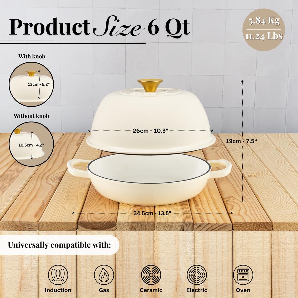 Cream Enamelled Cast Iron Dutch Oven Bread Pot - 5.6 Lite - 26cm, by Nuovva