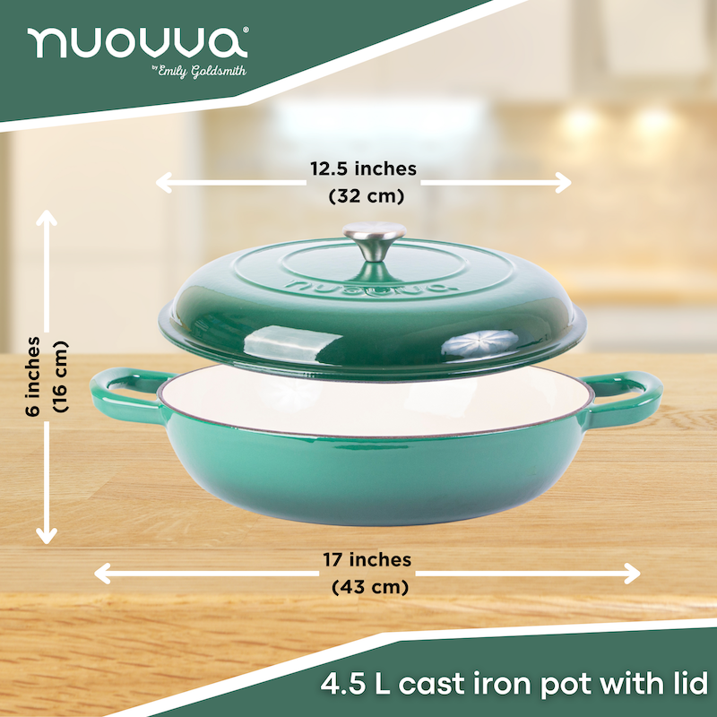 Dark Green Shallow Cast Iron Casserole Dish with Lid - 32cm - 3.5L, by Nuovva