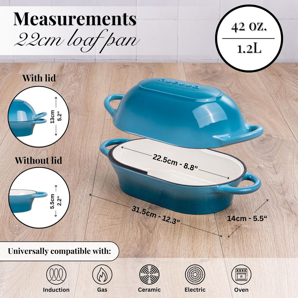 Light Blue Enamelled Cast Iron Bread Loaf Pan, Oven Safe Non-Stick Dutch Oven - 22x14cm, by Nuovva