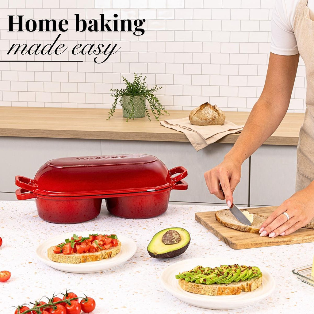 Red Enamelled Cast Iron Dutch Oven, Double Loaf Bread Pan, 16cm, By Nuovva
