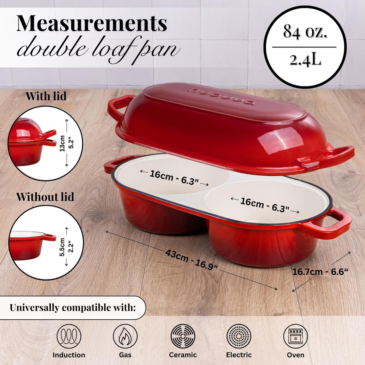 Red Enamelled Cast Iron Dutch Oven, Double Loaf Bread Pan, 16cm, By Nuovva