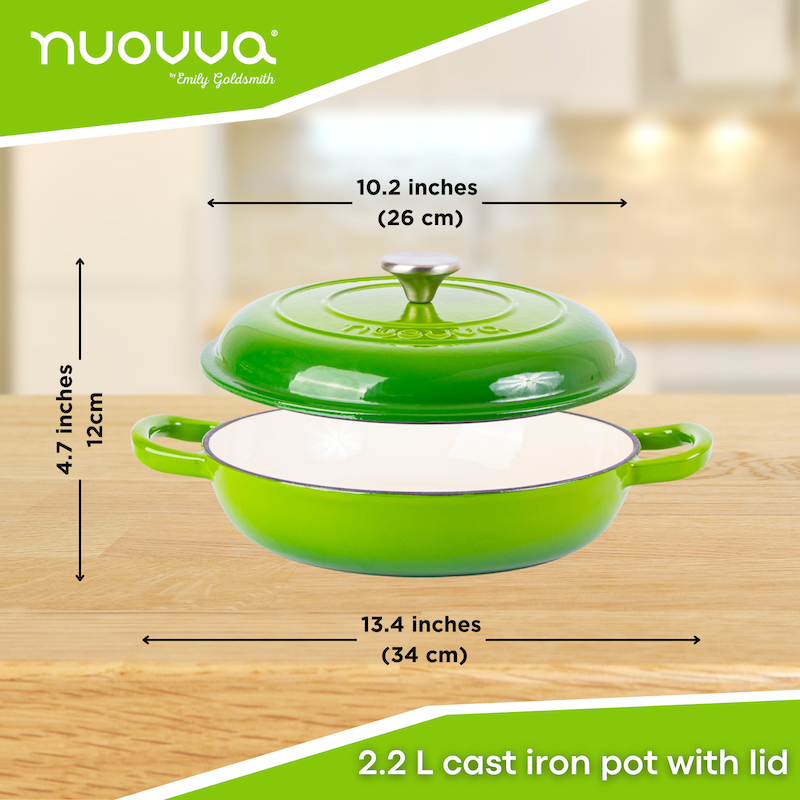 Light Green Shallow Cast Iron Dutch Oven Casserole Pot - 2.2L - 26cm, by Nuovva