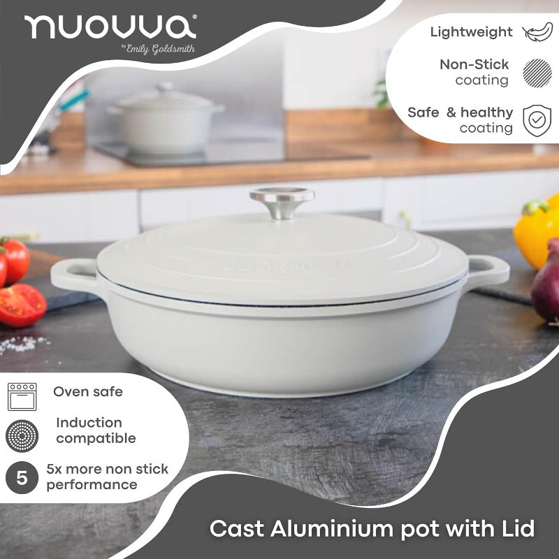 Grey Aluminium Shallow Casserole Pan with Lid - 28cm - 3.9L, by Nuovva