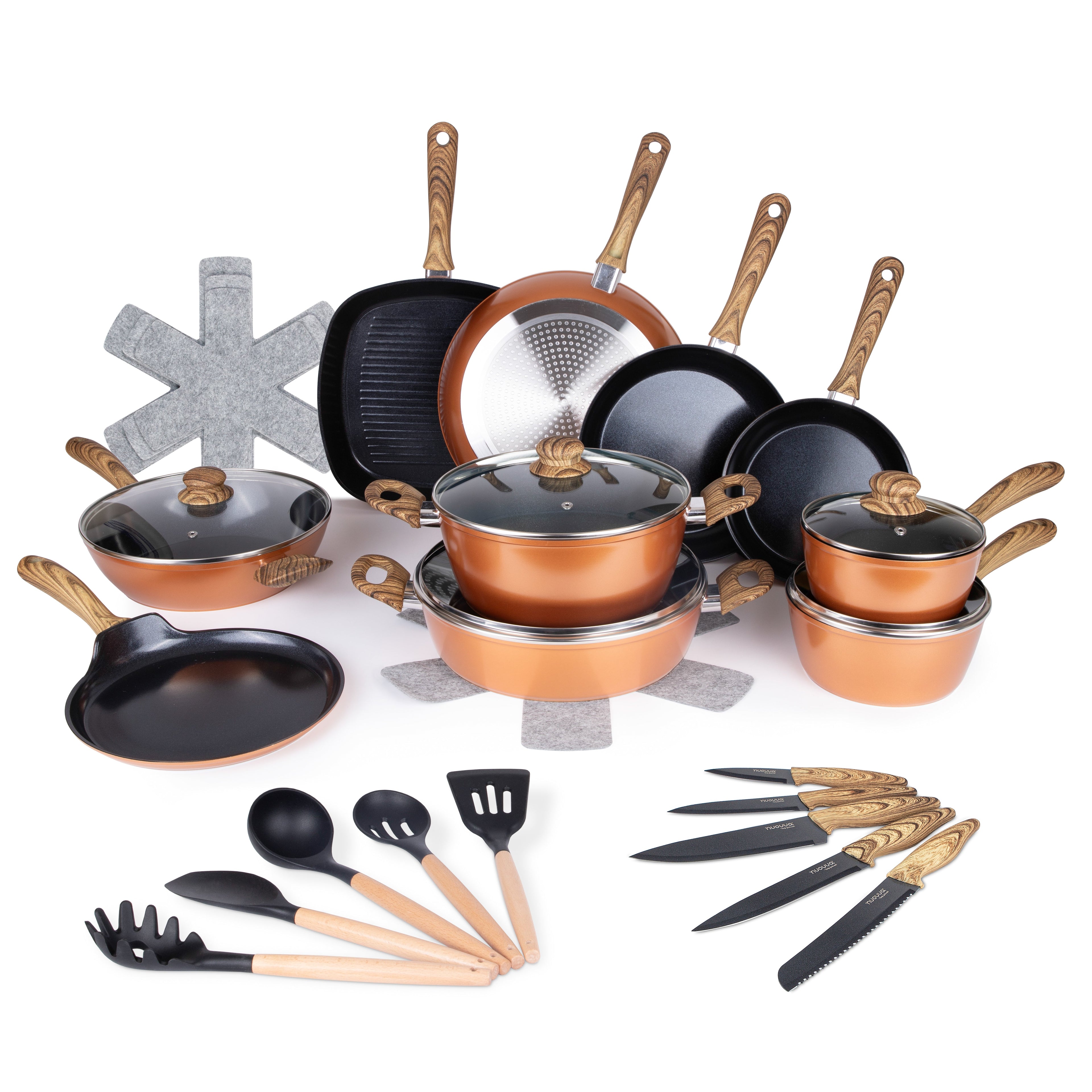 Copper Kitchen Cookware Set of 35, 15, 8, 5pcs with Lids (Multiple Set Sizes)