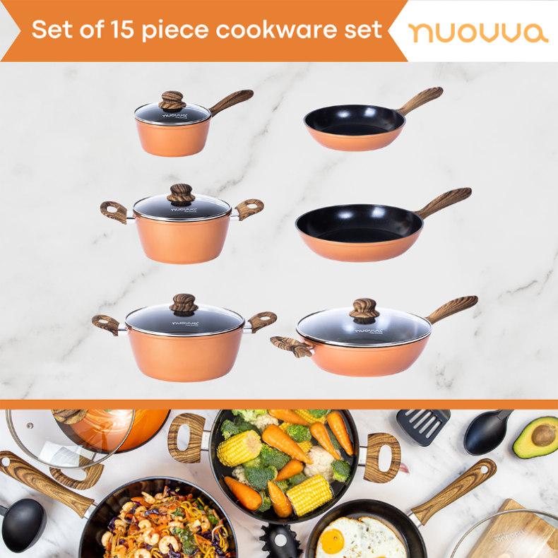 Copper Kitchen Cookware Set with Lids - 15-Pieces