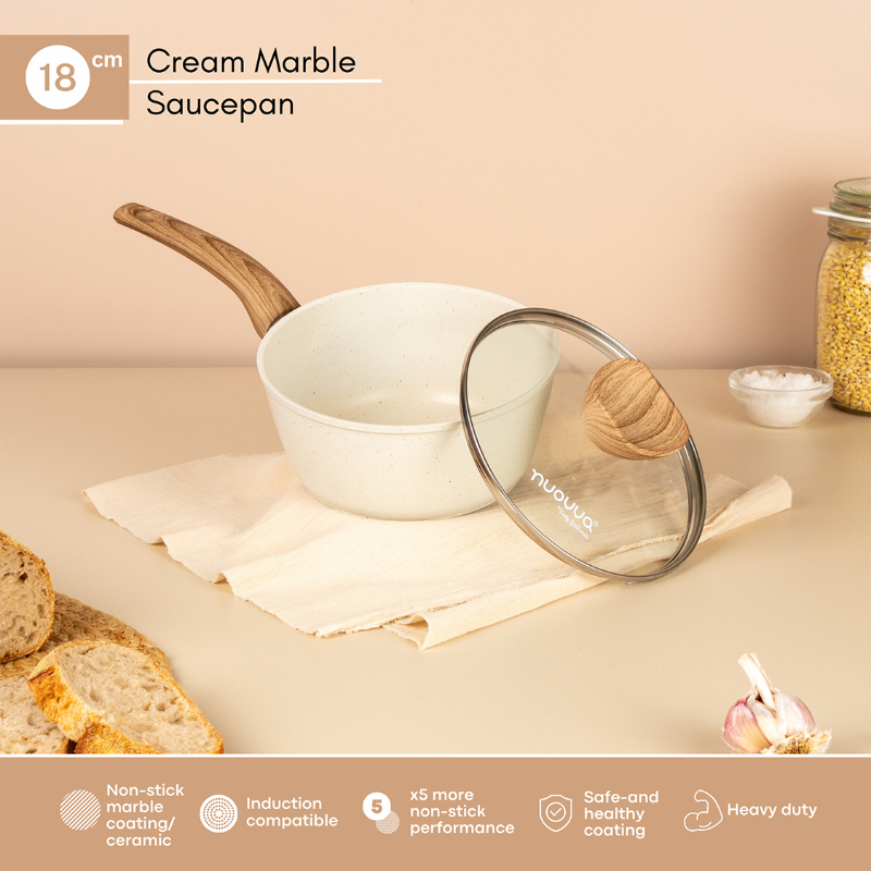 Cream Granite Non-Stick Saucepan with Lid (Multiple Set Sizes), by Nuovva