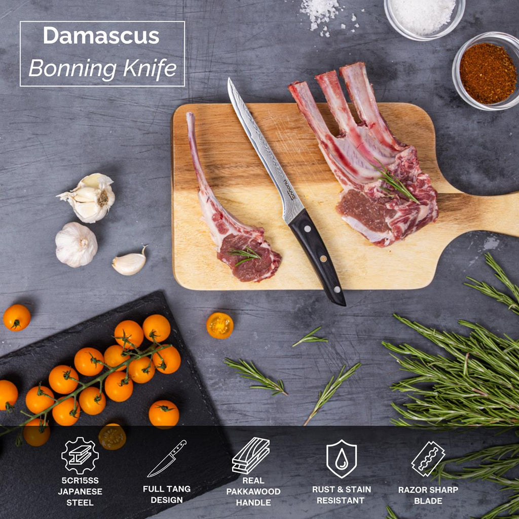 Japanese Steel 67-Layer Damascus Style Boning Knife with Pakkawood Handle, by Nuovva